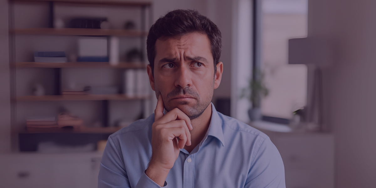 Homem com expressão de dúvida sentado em escritório, simbolizando incertezas sobre controle de jornada e exceções de ponto eletrônico.