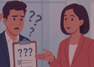 Homem confuso segurando prancheta com interrogações enquanto conversa com colega em ambiente corporativo